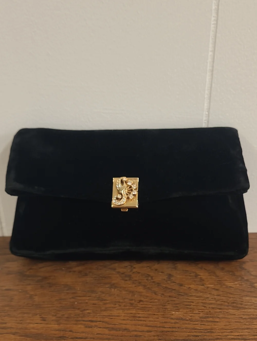Garay Vintage Black Velvet Evening Clutch with Gold Tone Clasp and Embellishment
